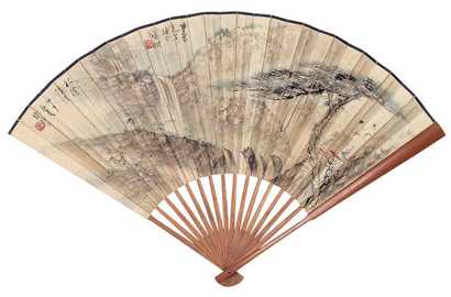 谢宝树 钱振锽 甲申（1884年）作 山水 书法 成扇